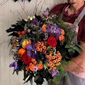 Halloween handtied flower bouquet. Seasonal flowers with added scary detail available to order to collect or with same day delivery in Dublin.