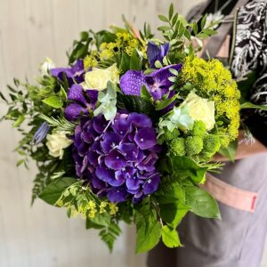 Summer Blues Flower Bouquet. Seasonal flowers combined in shades of blues greens and cream. Designed and delivered in Dublin city and county.