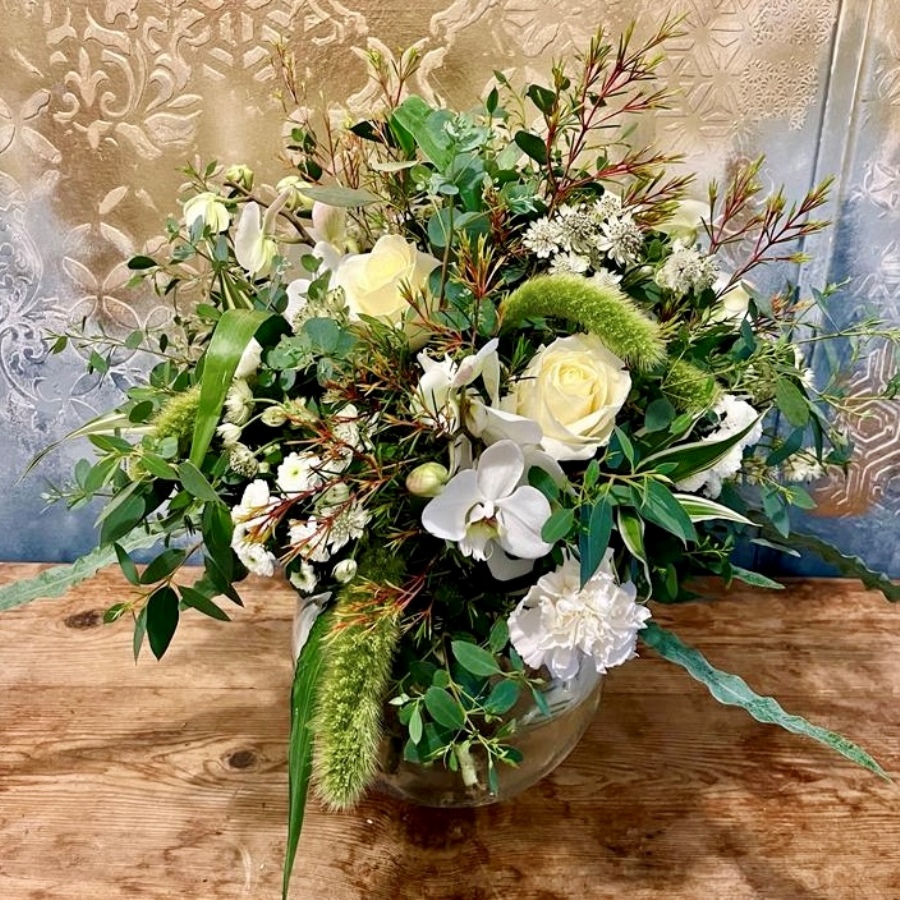 Wild style summer bouquet in shades of creams, greensand whites. This bouquet is designed in a loose natural style and available for delivery in Dublin and can also be ordered to click and collect.