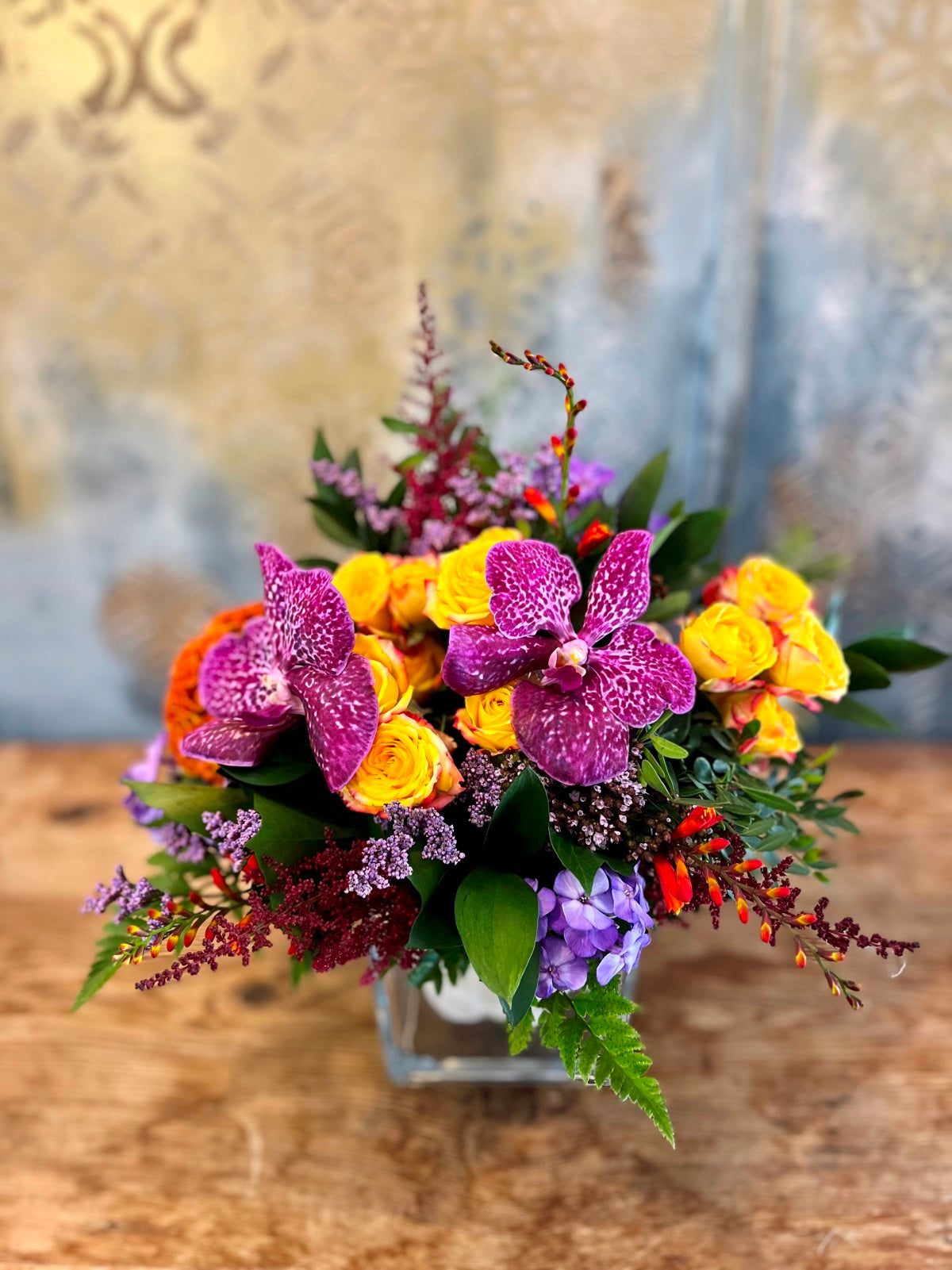 Vibrant Autumnal Flower Arrangement in Cube Vase