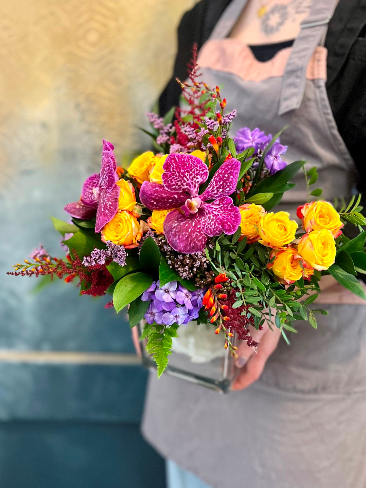 Vibrant Autumnal Flower Arrangement in Cube Vase