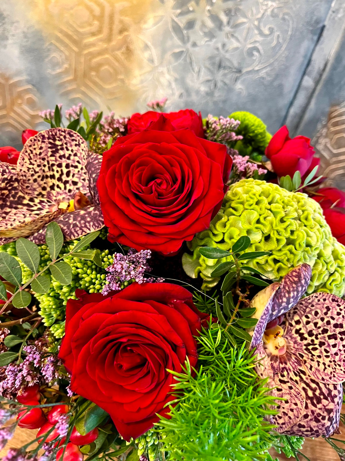 Orchids and Red Roses Flower Arrangement