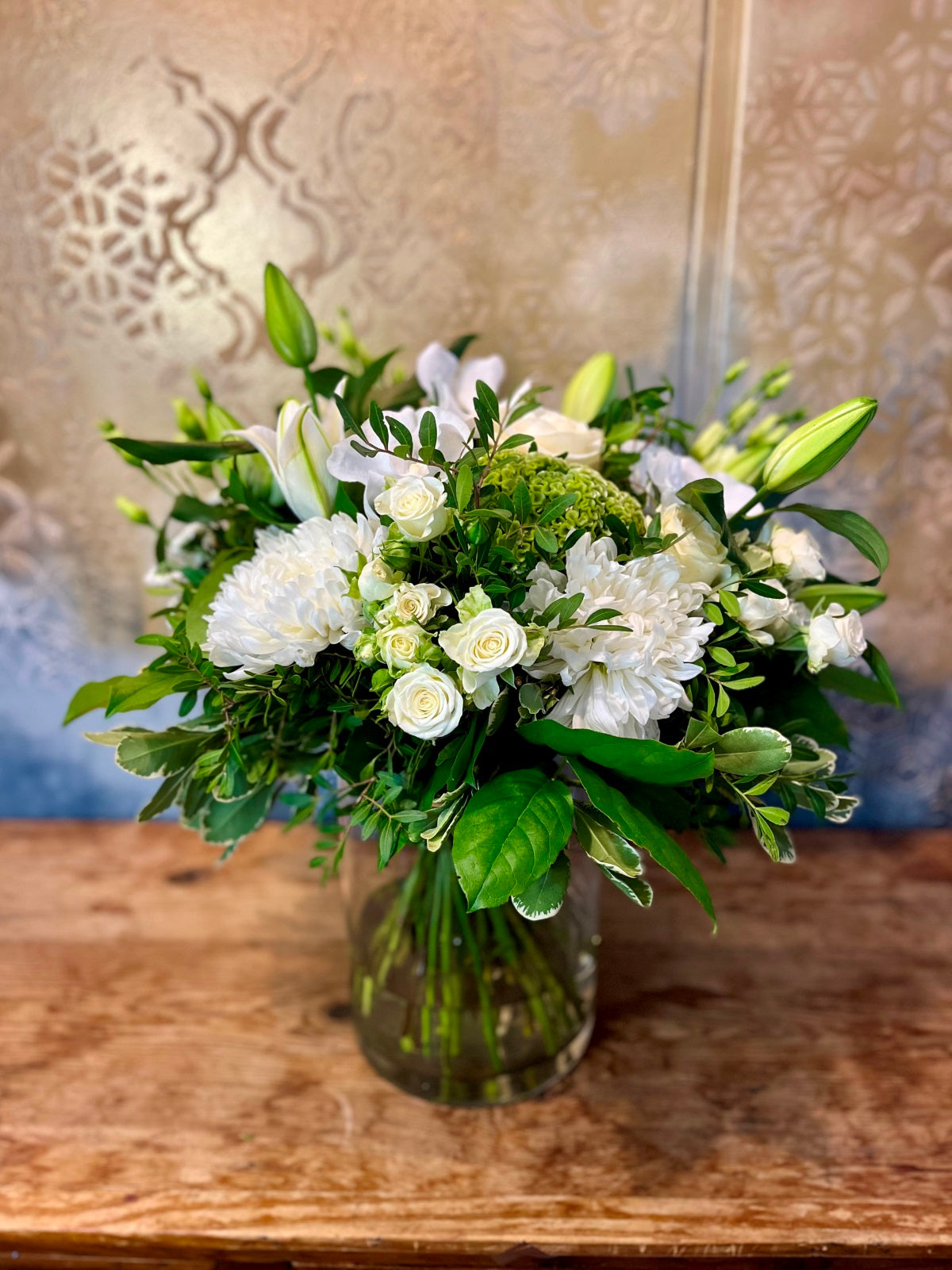 White Lily and Rose Hand Tied Flower Bouquet in Vase