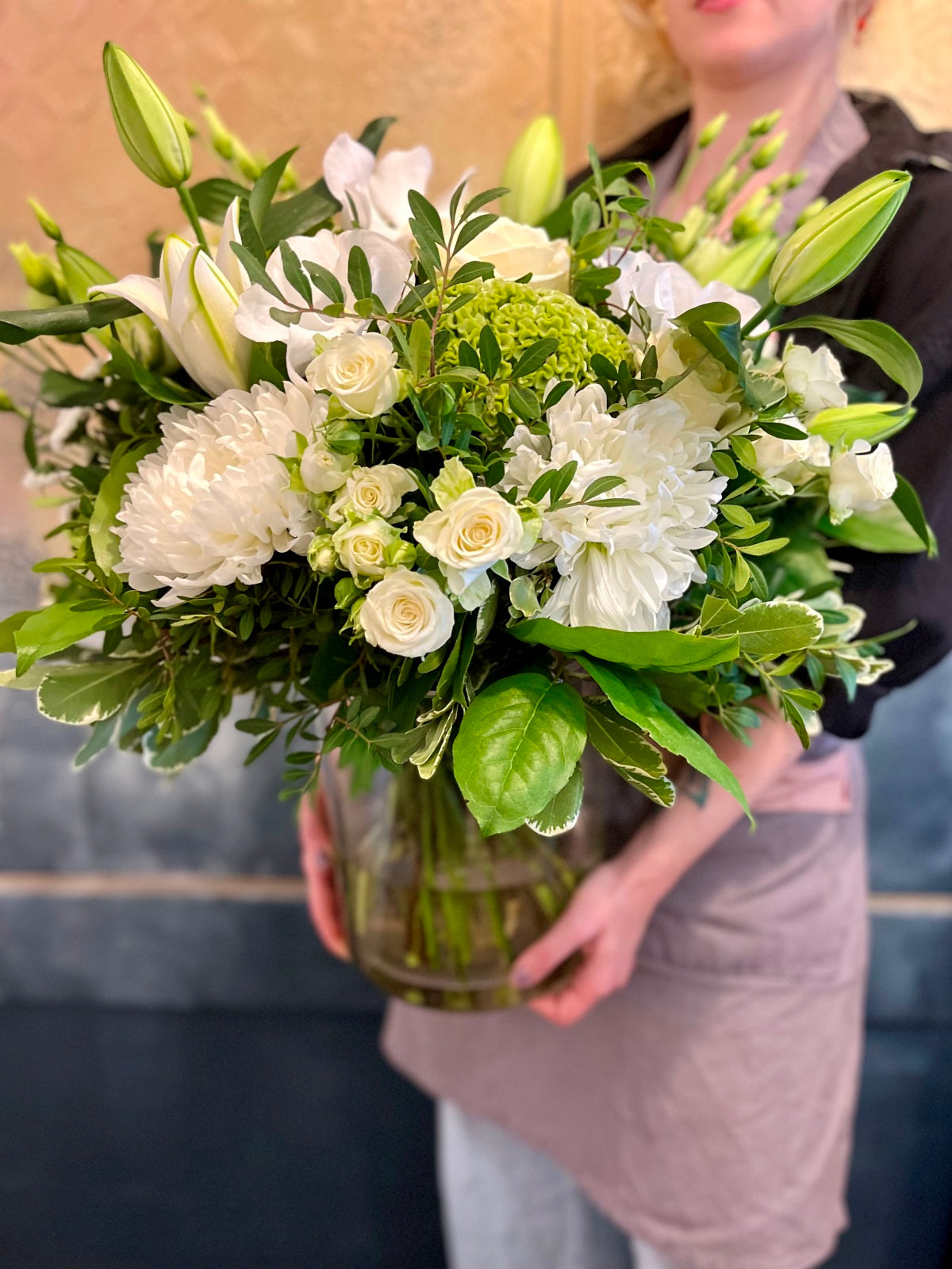 White Lily and Rose Hand Tied Flower Bouquet in Vase