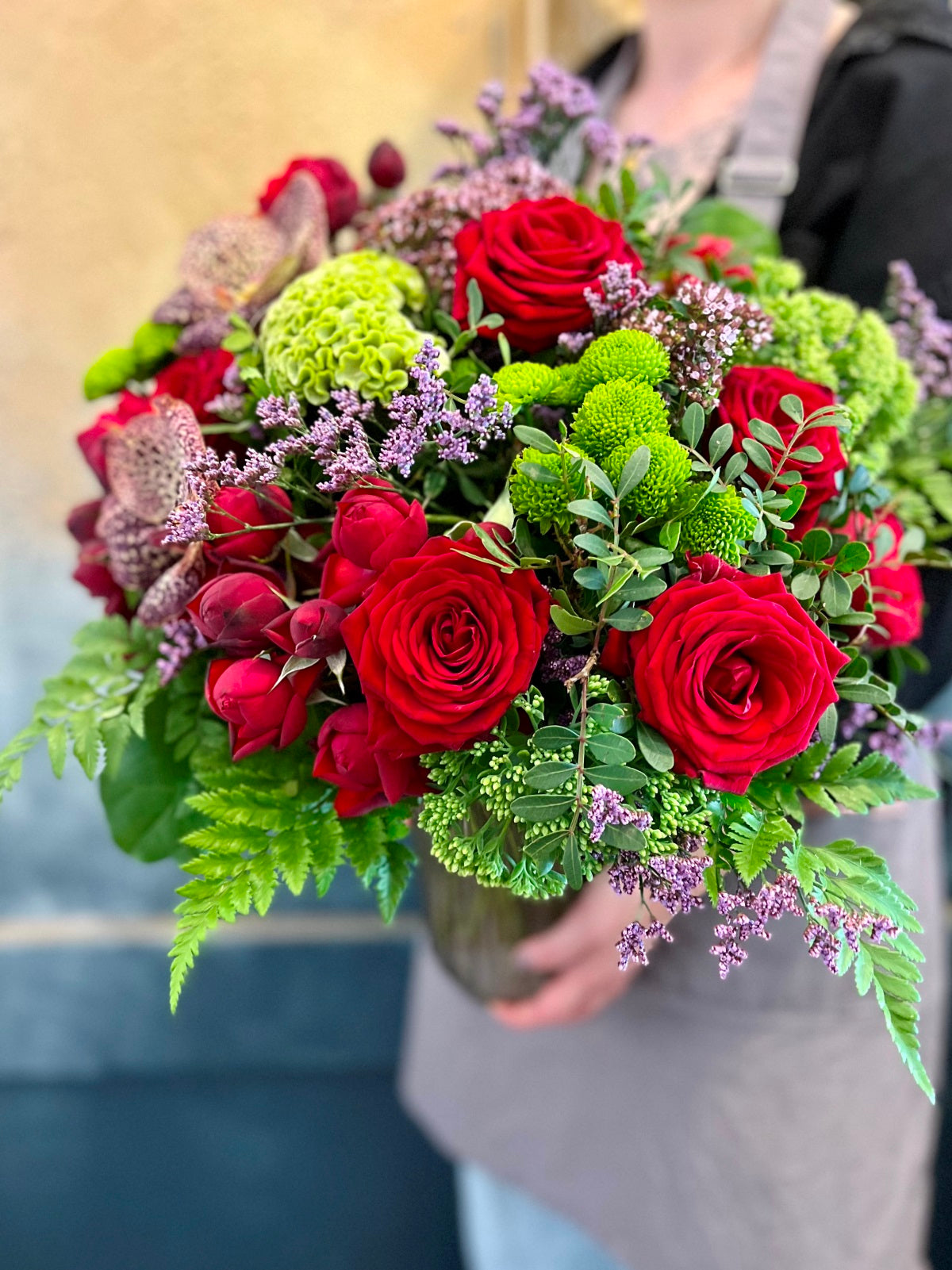 Orchids and Red Roses Flower Bouquet in Vase