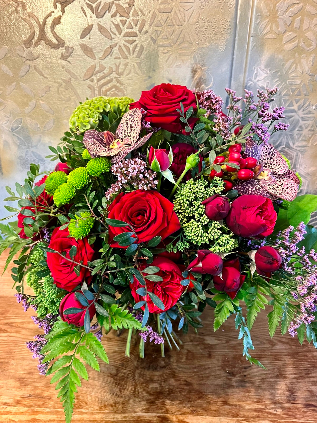 Orchids and Red Roses Flower Bouquet