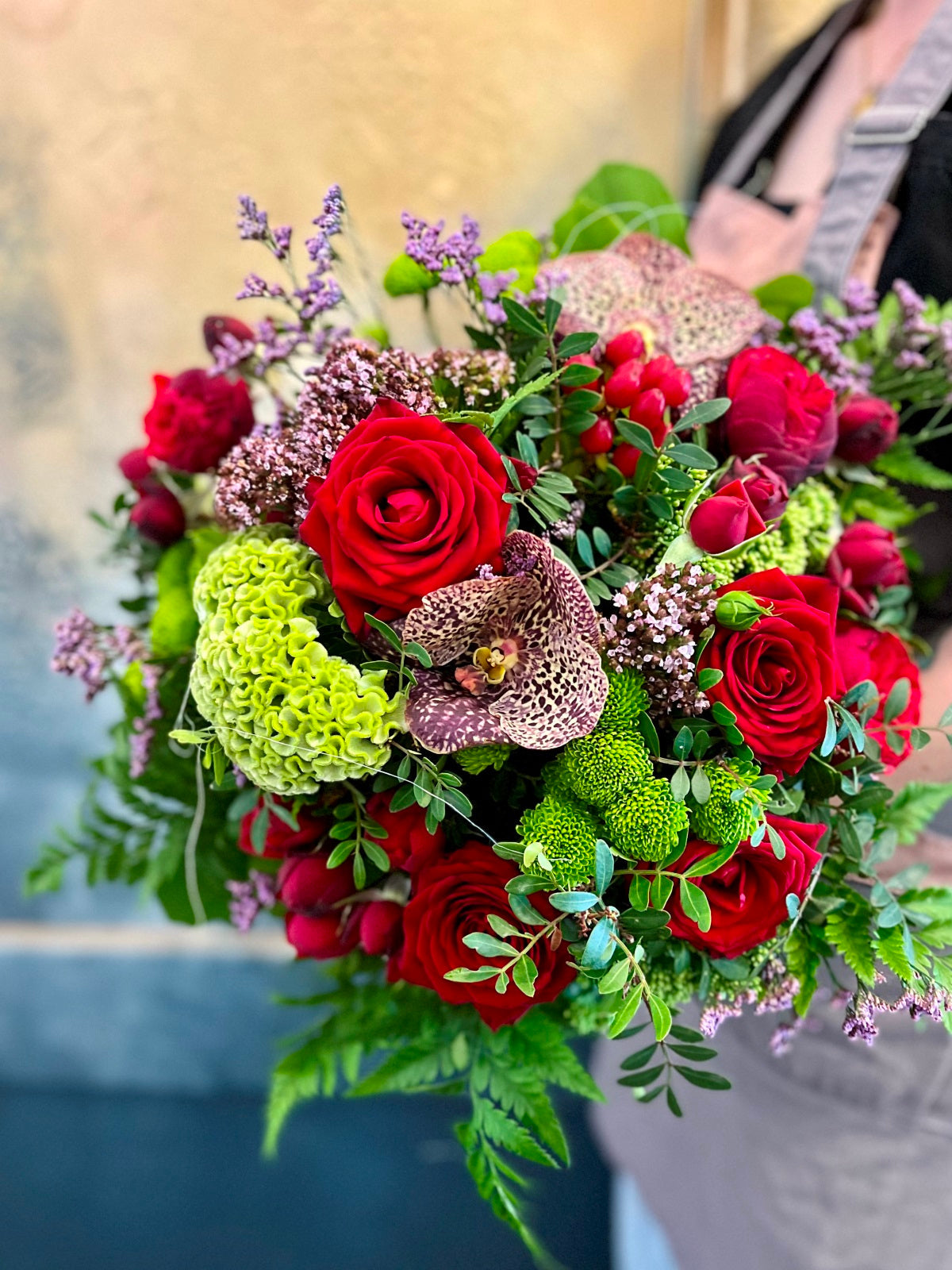 Orchids and Red Roses Flower Bouquet