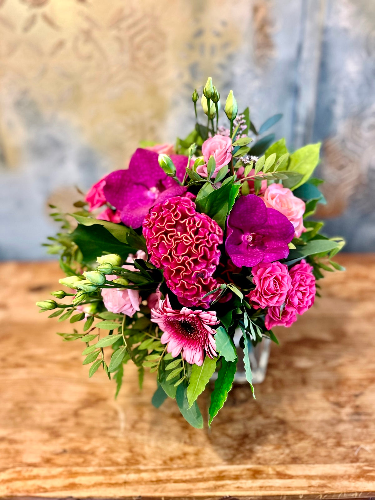 Pink Roses and Vanda orchid Arrangement