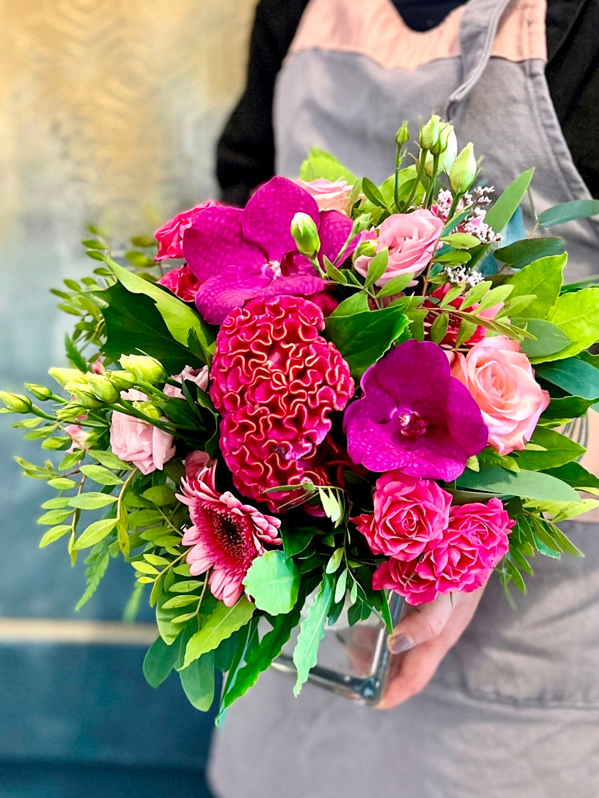 Pink Roses and Vanda orchid Arrangement