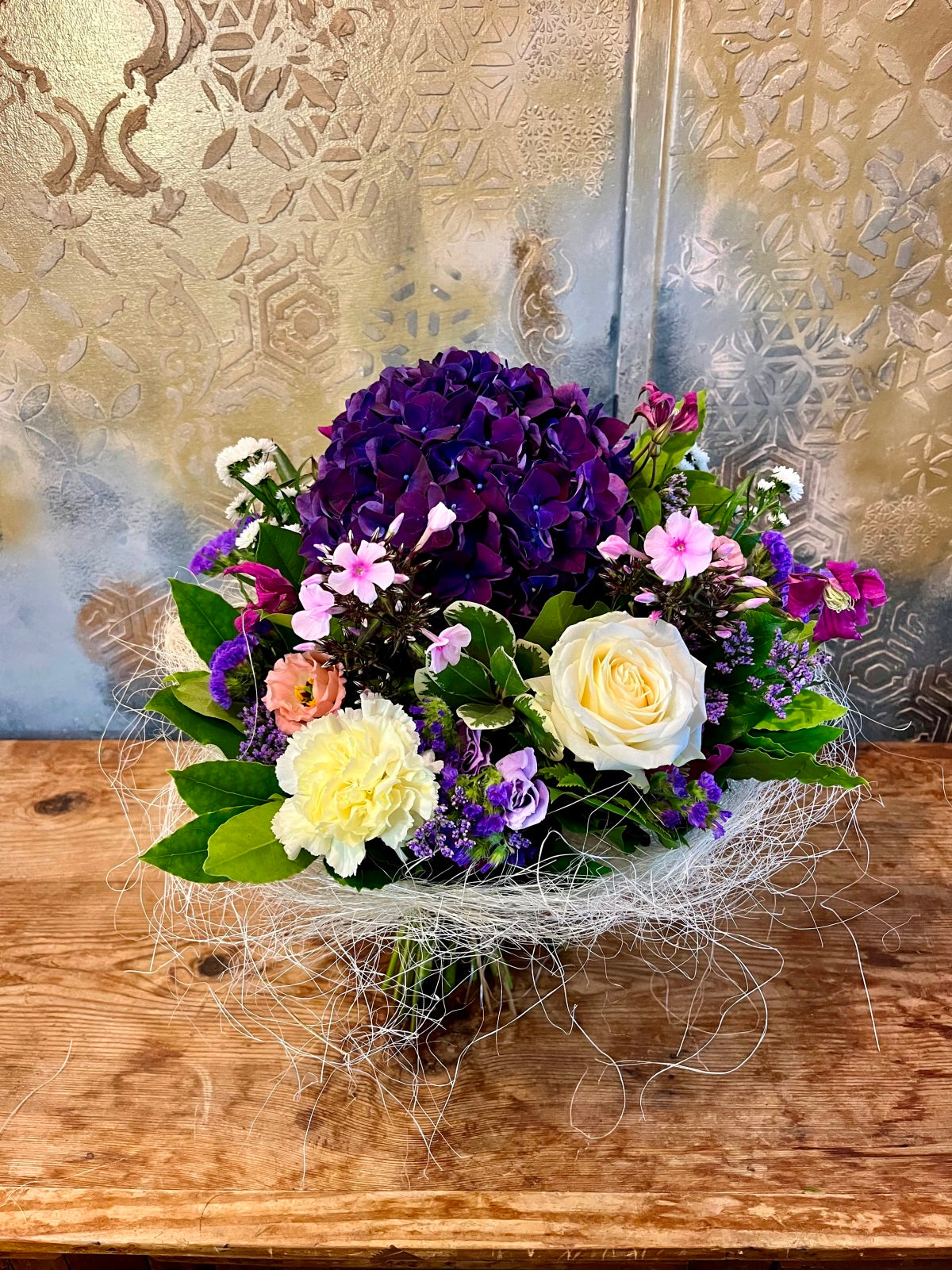 Purple & White Bouquet in Sisal Frame