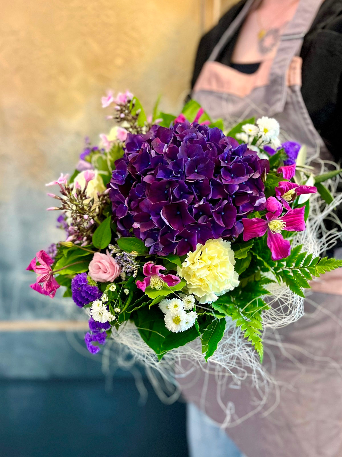 Purple & White Bouquet in Sisal Frame