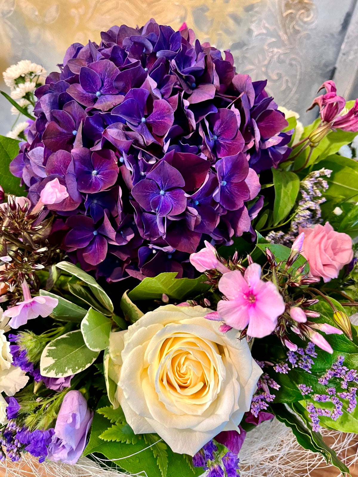 Purple & White Bouquet in Sisal Frame