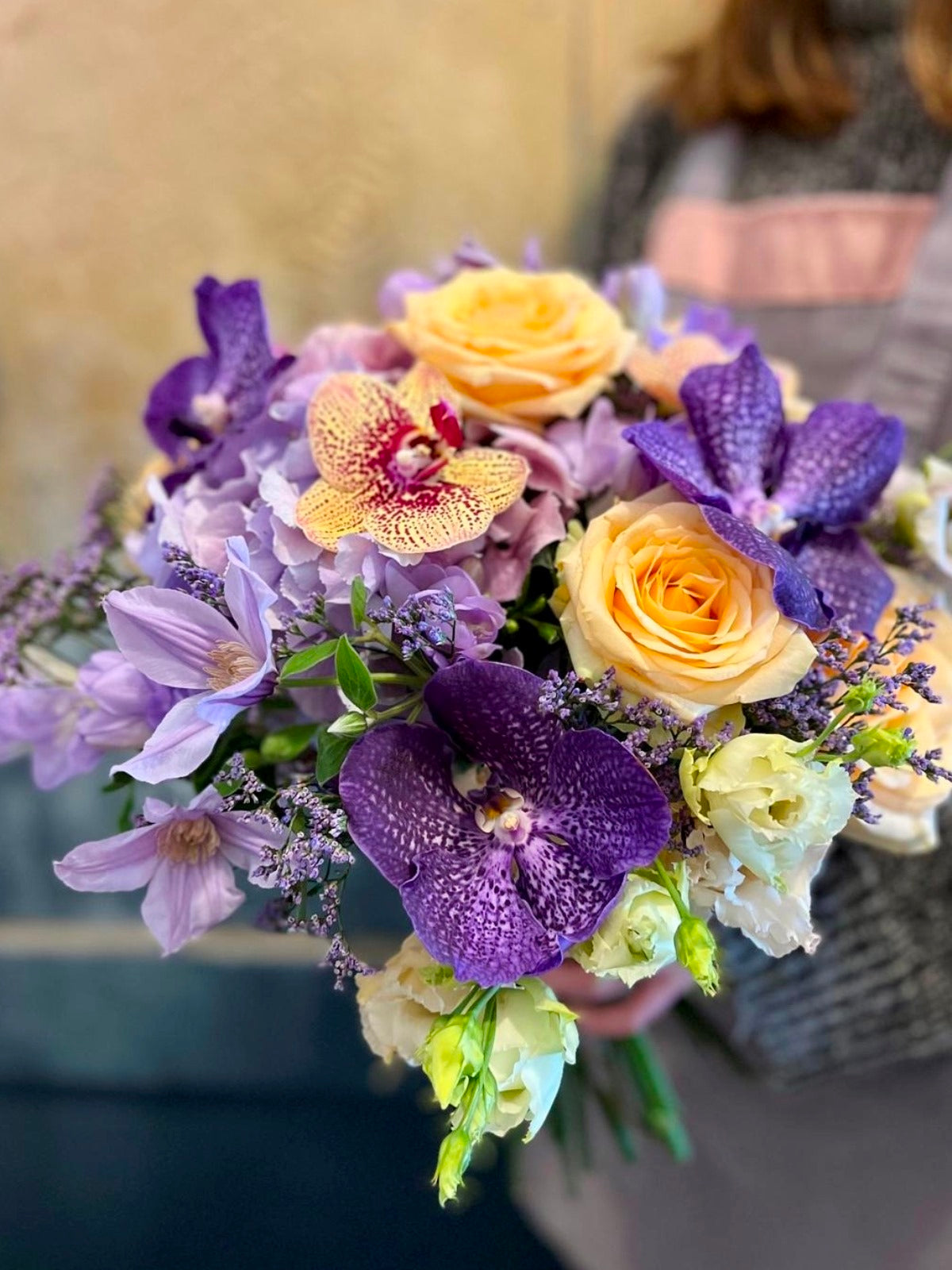 Bouquet of Blue and Peach Blooms