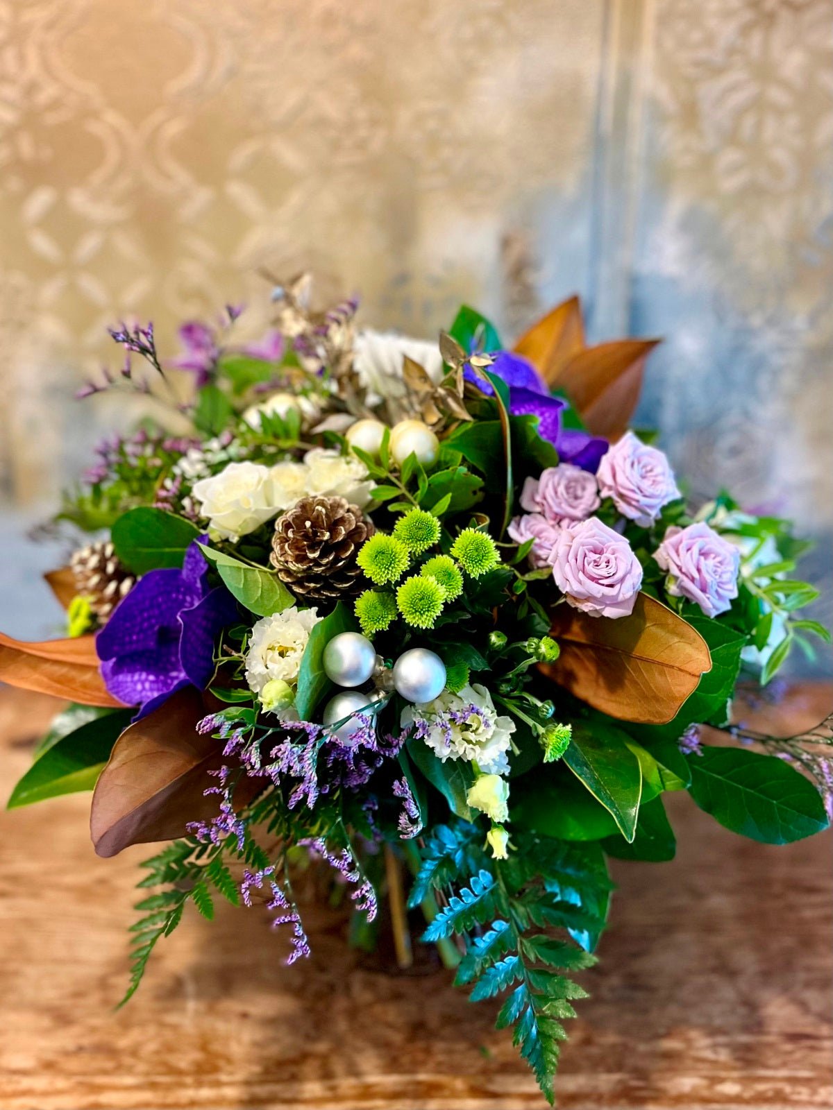 Yuletide Flower Bouquet in White and Purple