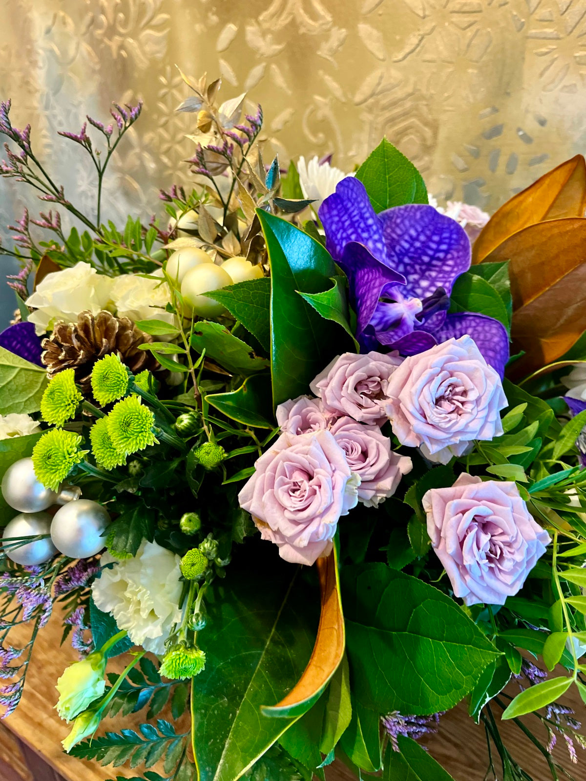 Yuletide Flower Bouquet in White and Purple