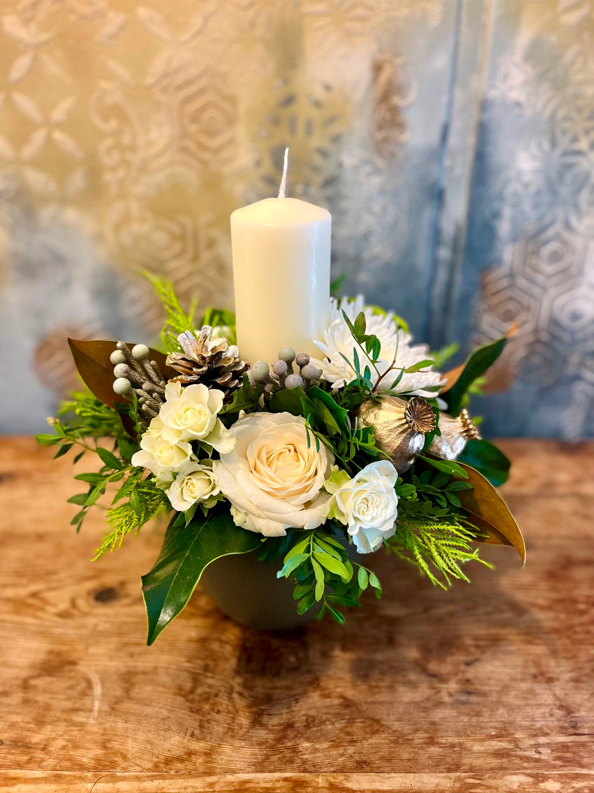 Christmas Candle White Flower Arrangement in Ceramic Container