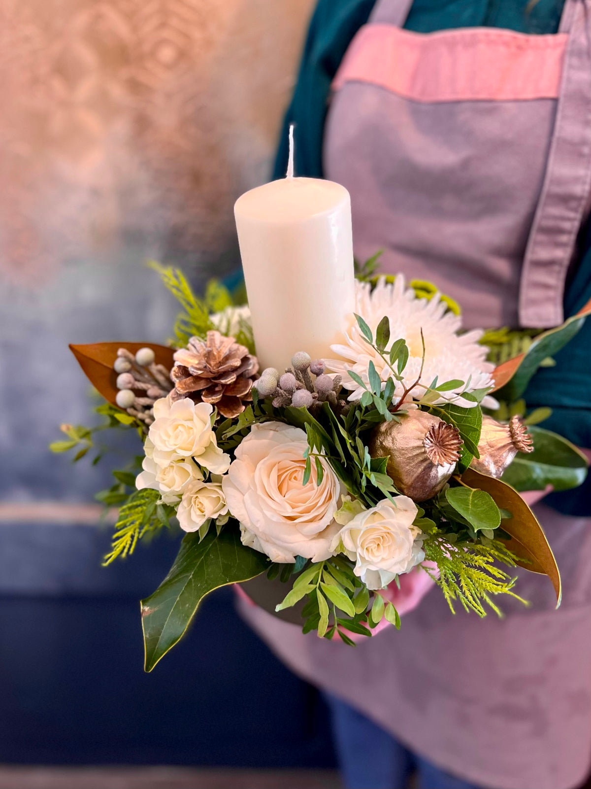 Christmas Candle White Flower Arrangement in Ceramic Container