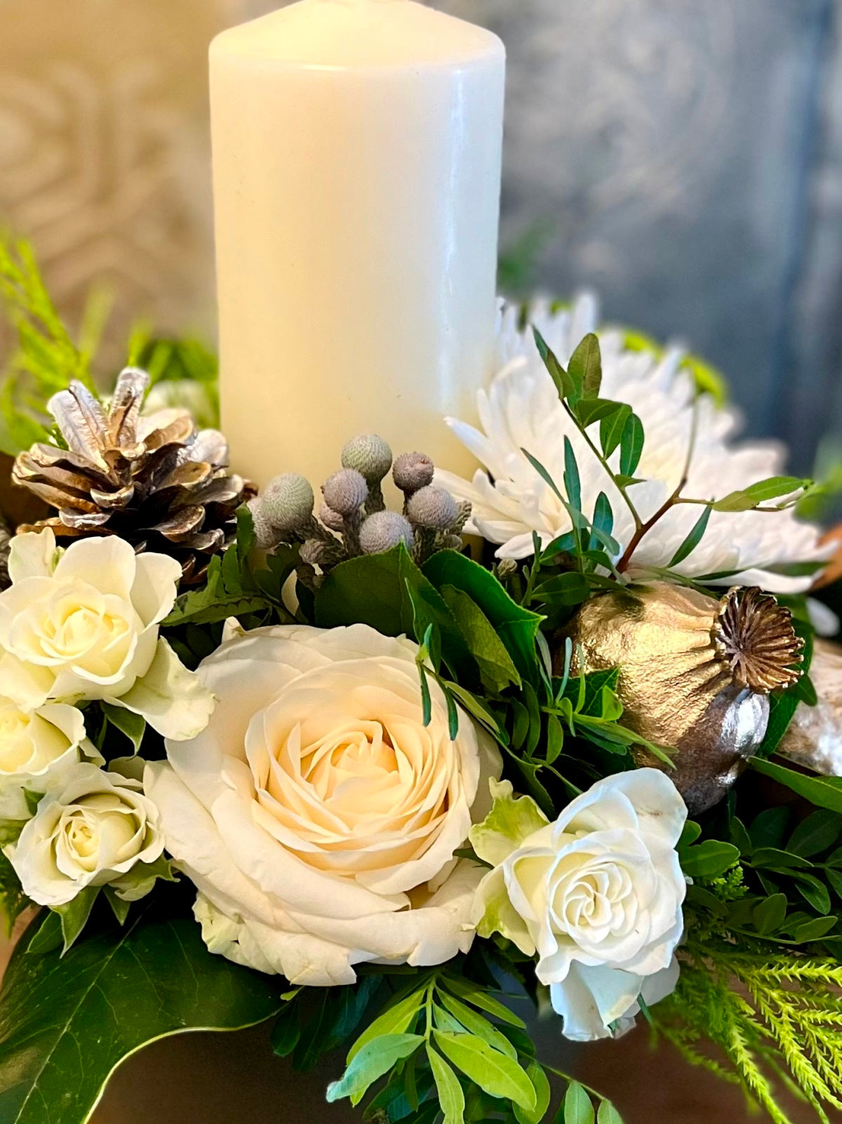 Christmas Candle White Flower Arrangement in Ceramic Container