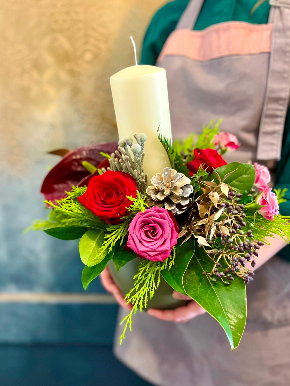 Christmas Candle Red and Pink Flower Arrangement in Ceramic Container