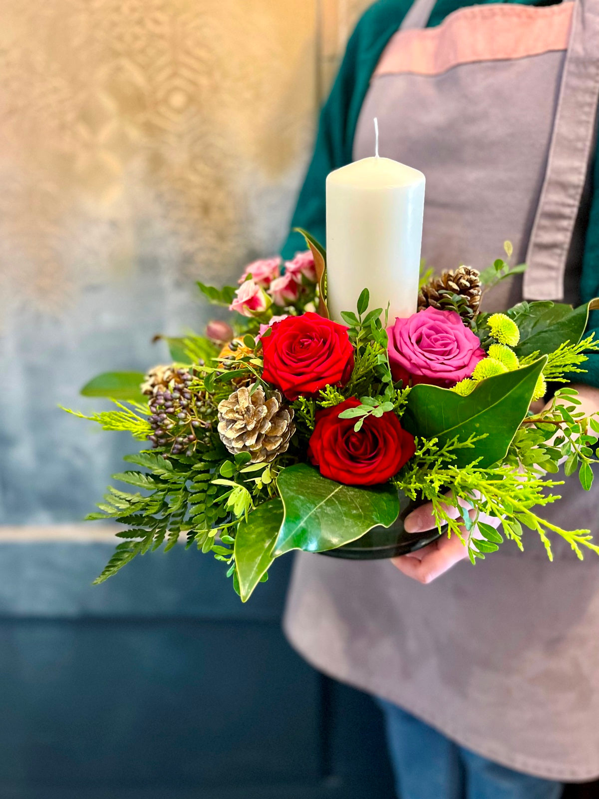 Festive Table Centre in Reds and Pinks in Glass container