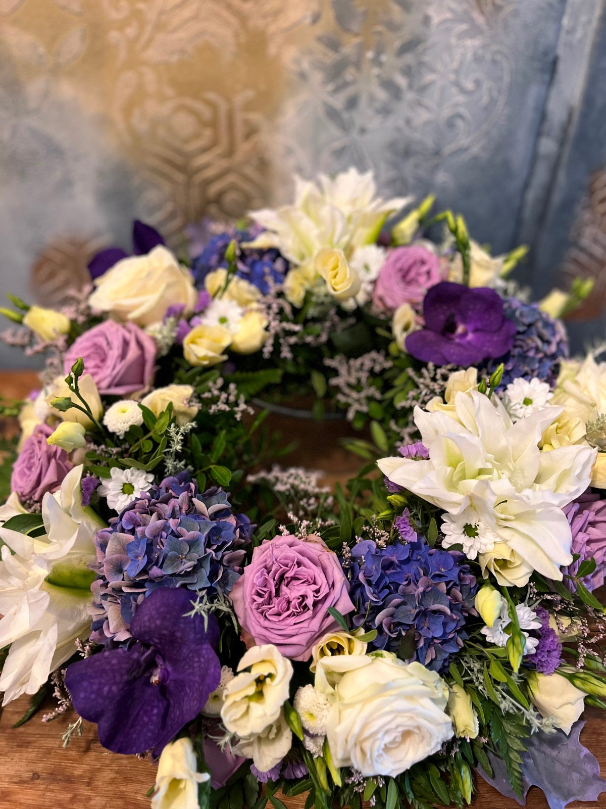 Funeral Wreath in Purples and White