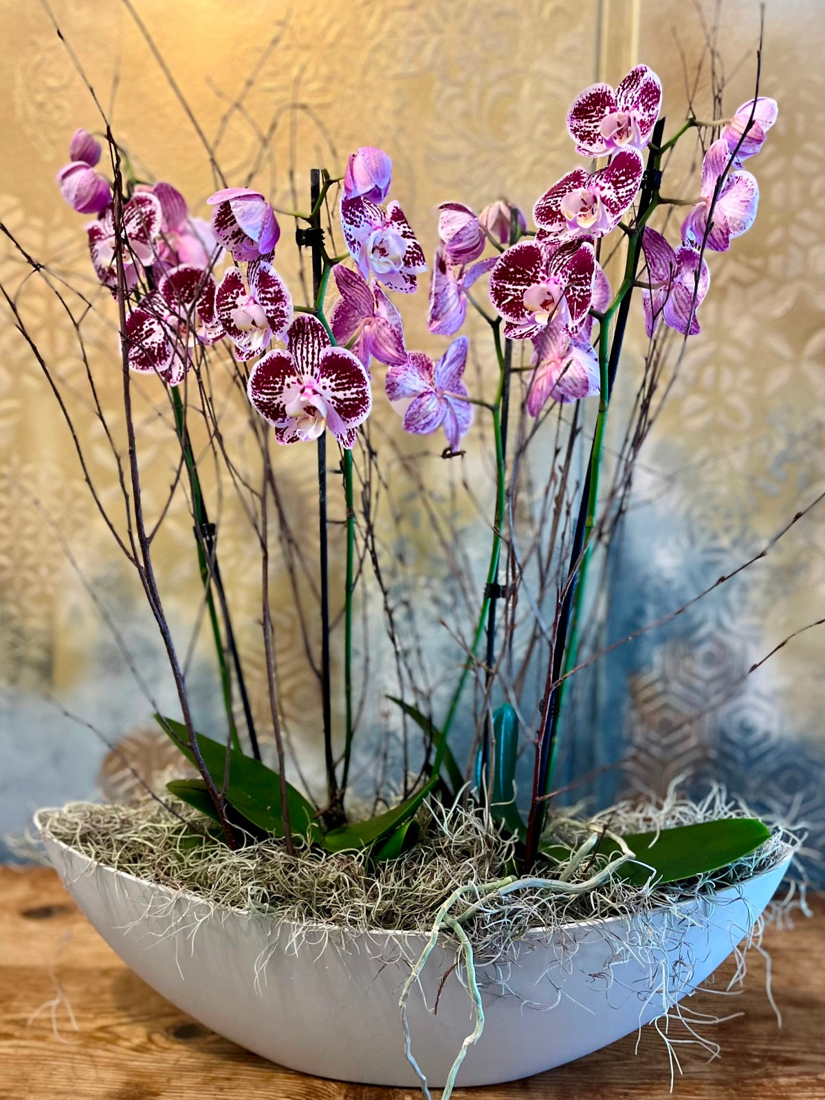 Purple Orchid Plants in Boat Shaped Container