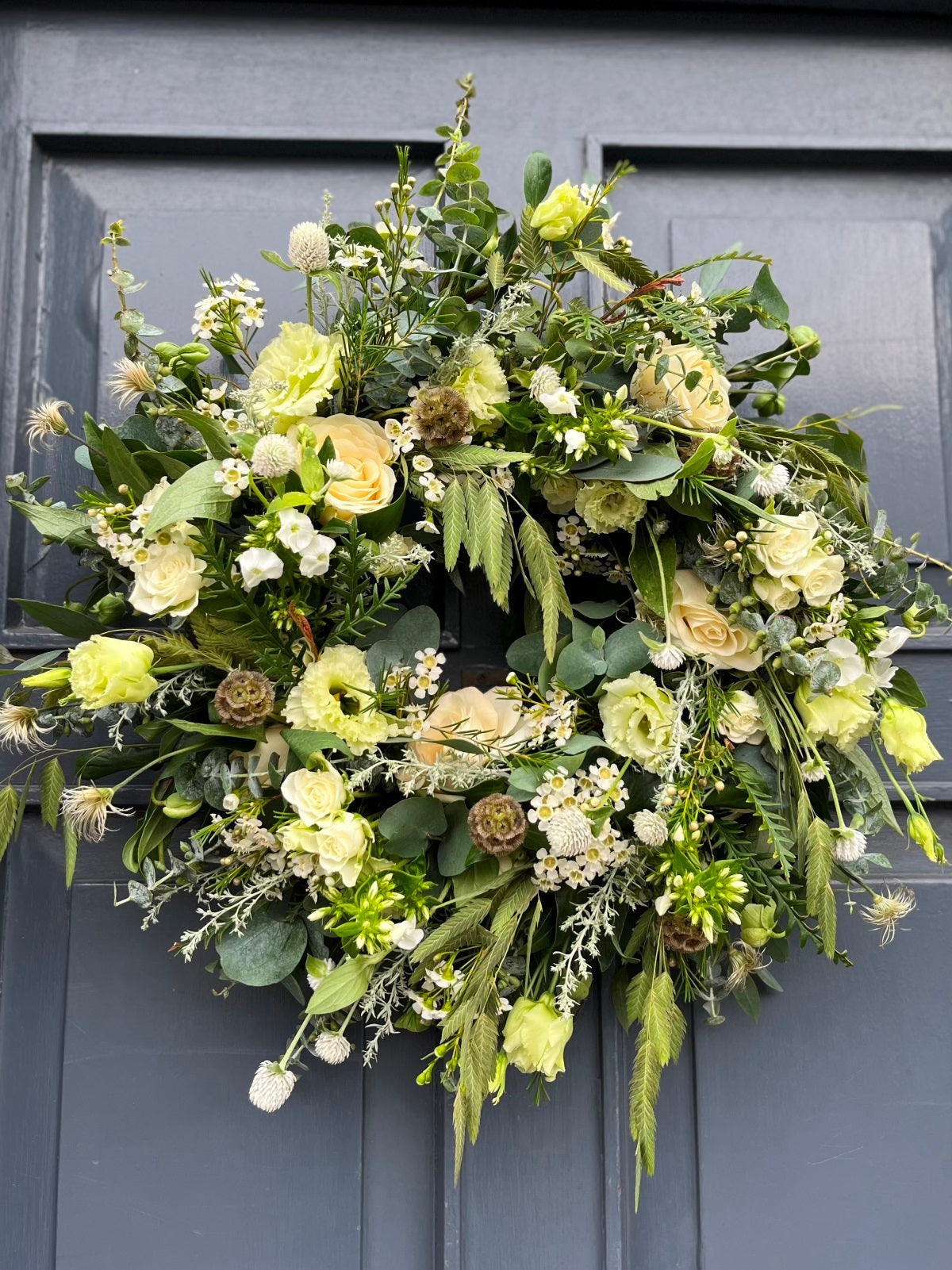 Door Wreath in Creams Greens and White