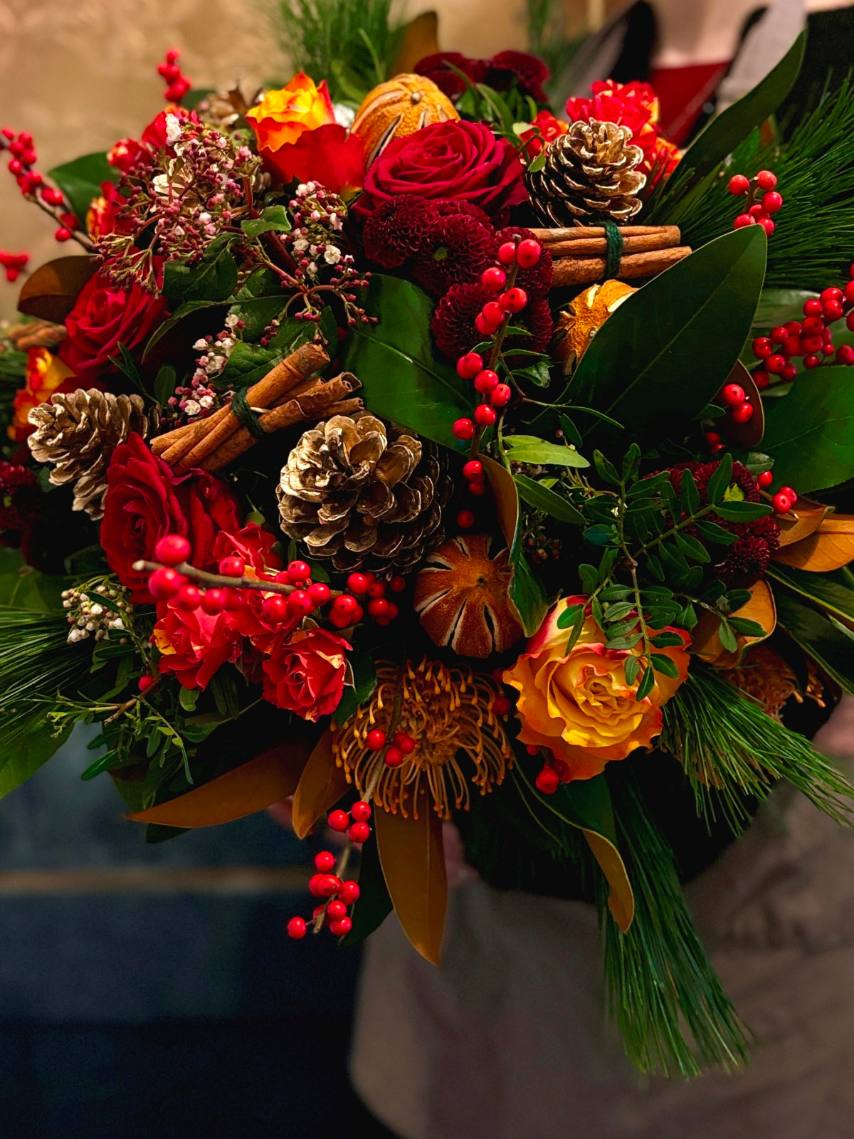 Fabulous Festive Flower Bouquet in Reds in Glass Vase