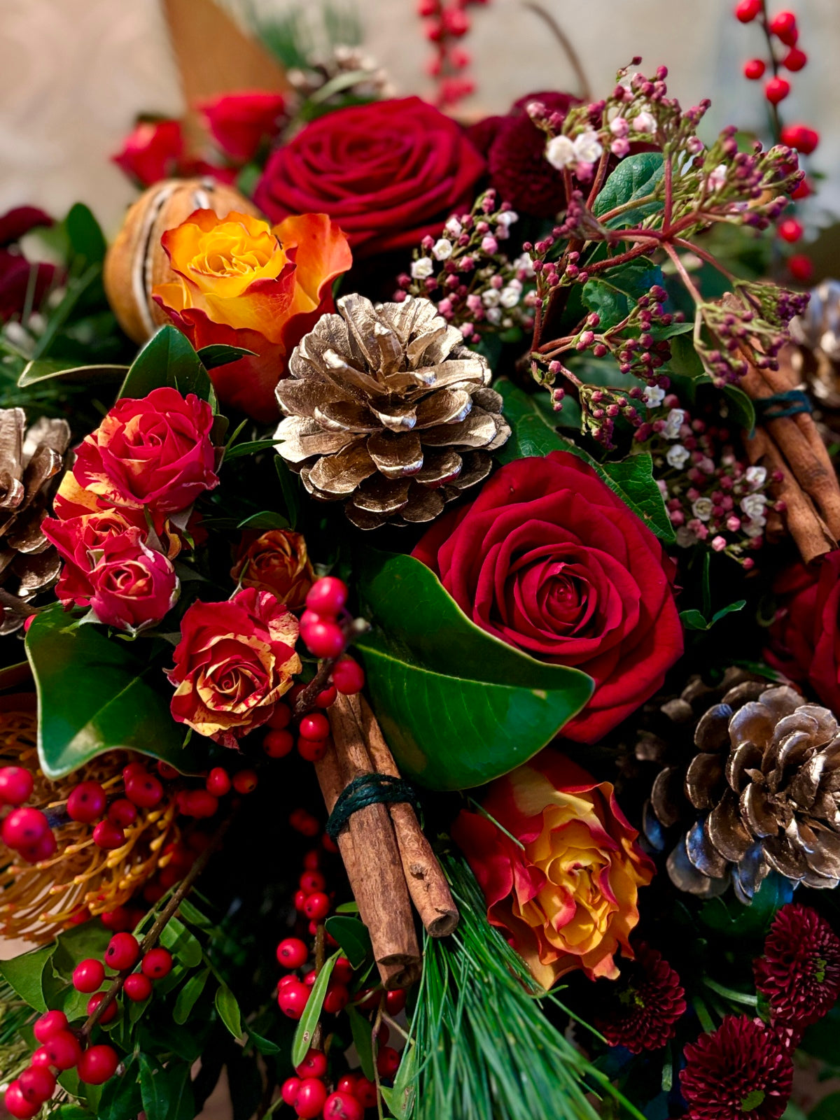 Fabulous Festive Flower Bouquet in Reds in Glass Vase