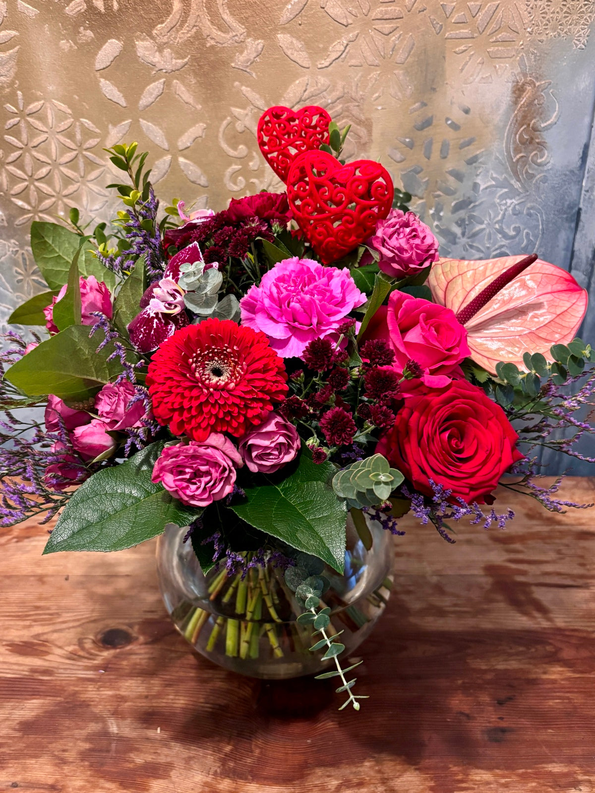 Valentines Flower Arrangement in Goldfish Bowl Vase