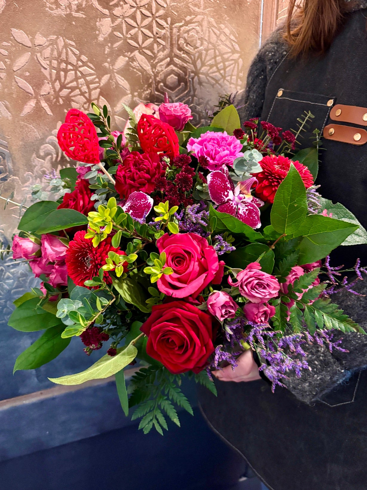 Valentines Flower Arrangement in Goldfish Bowl Vase