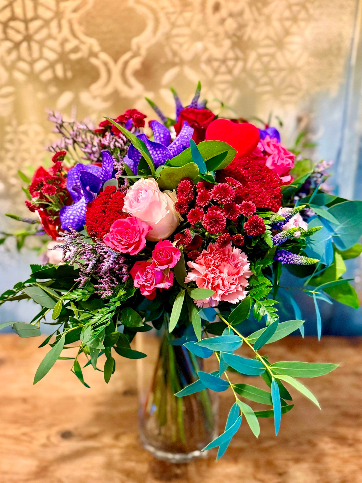 Valentines Flowers in Glass Vase