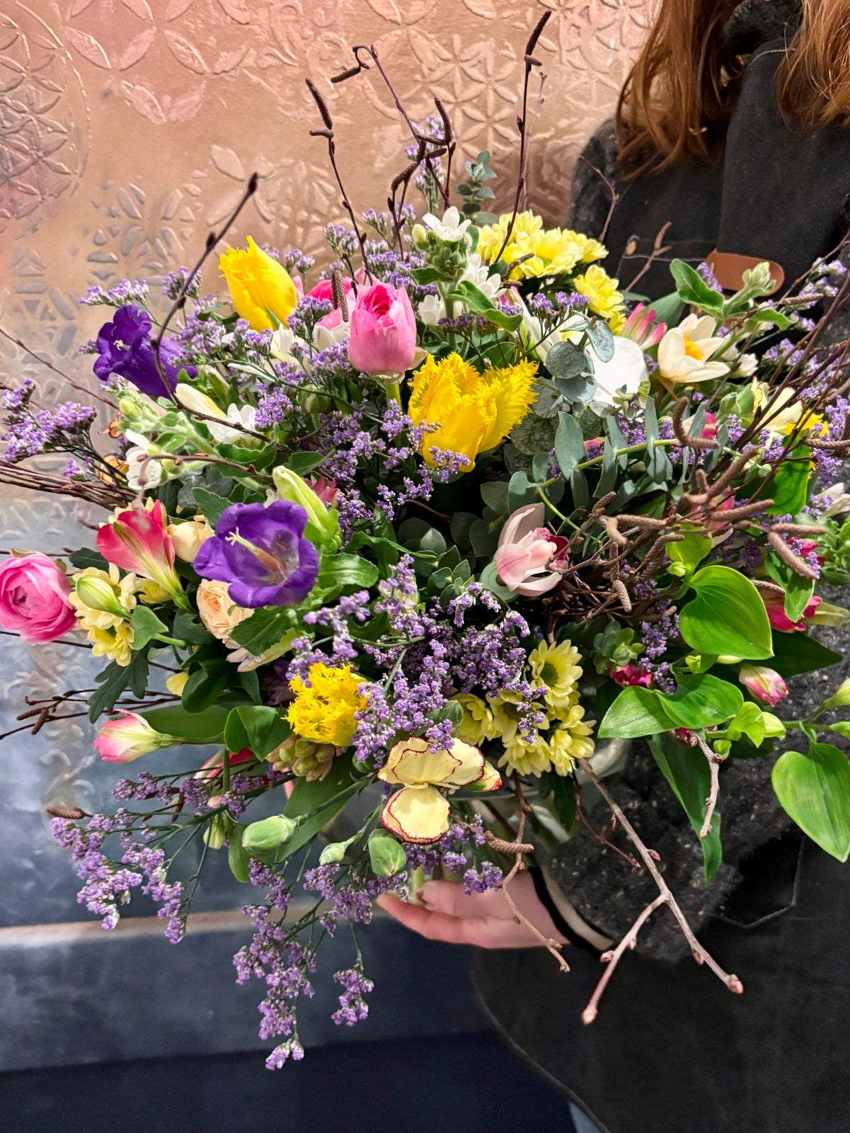 Extravagant Spring Flowers in Goldfish Bowl Vase