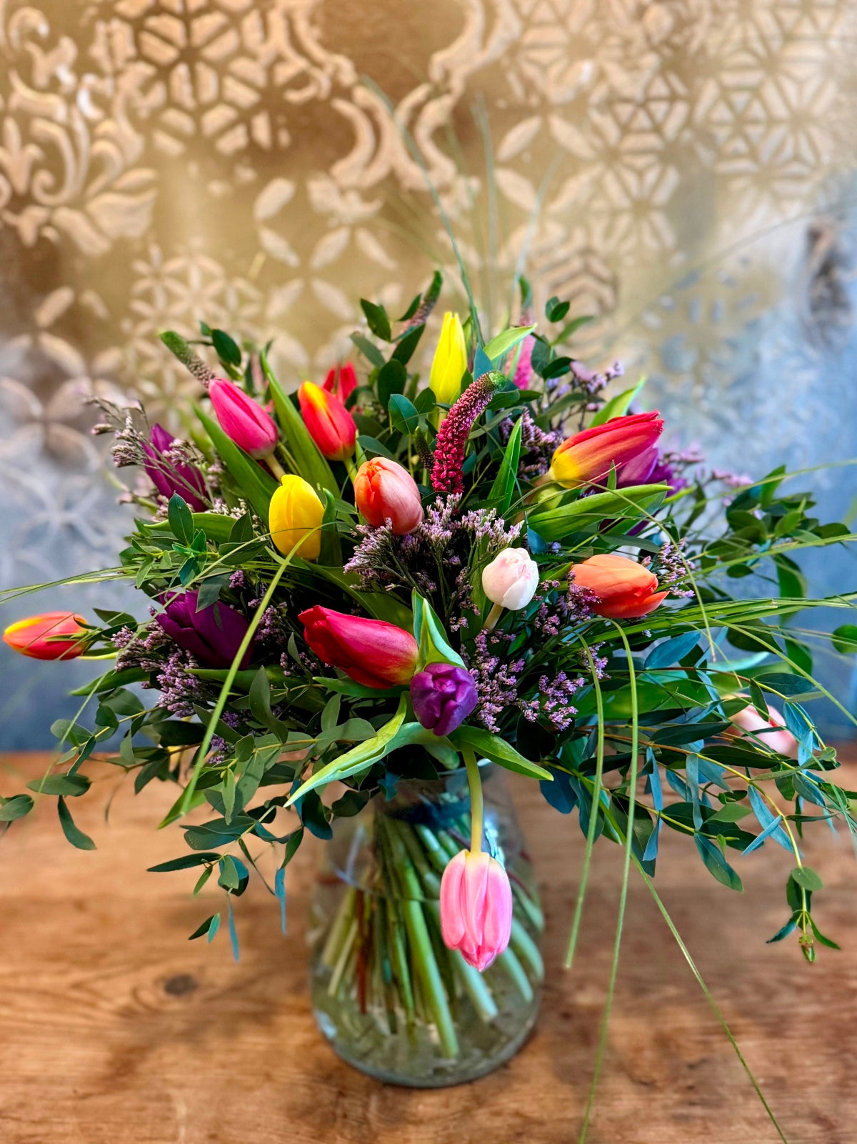 Colourful Tulip Bouquet in Glass Vase