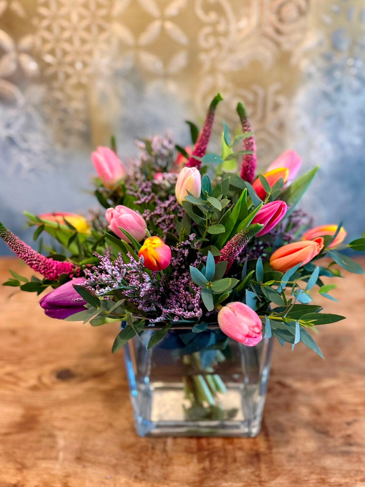 Colourful Tulip Arrangement in Cube Vase