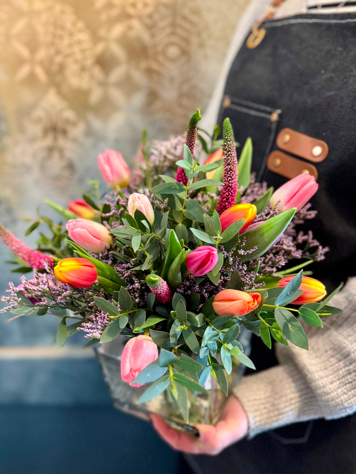 Colourful Tulip Arrangement in Cube Vase