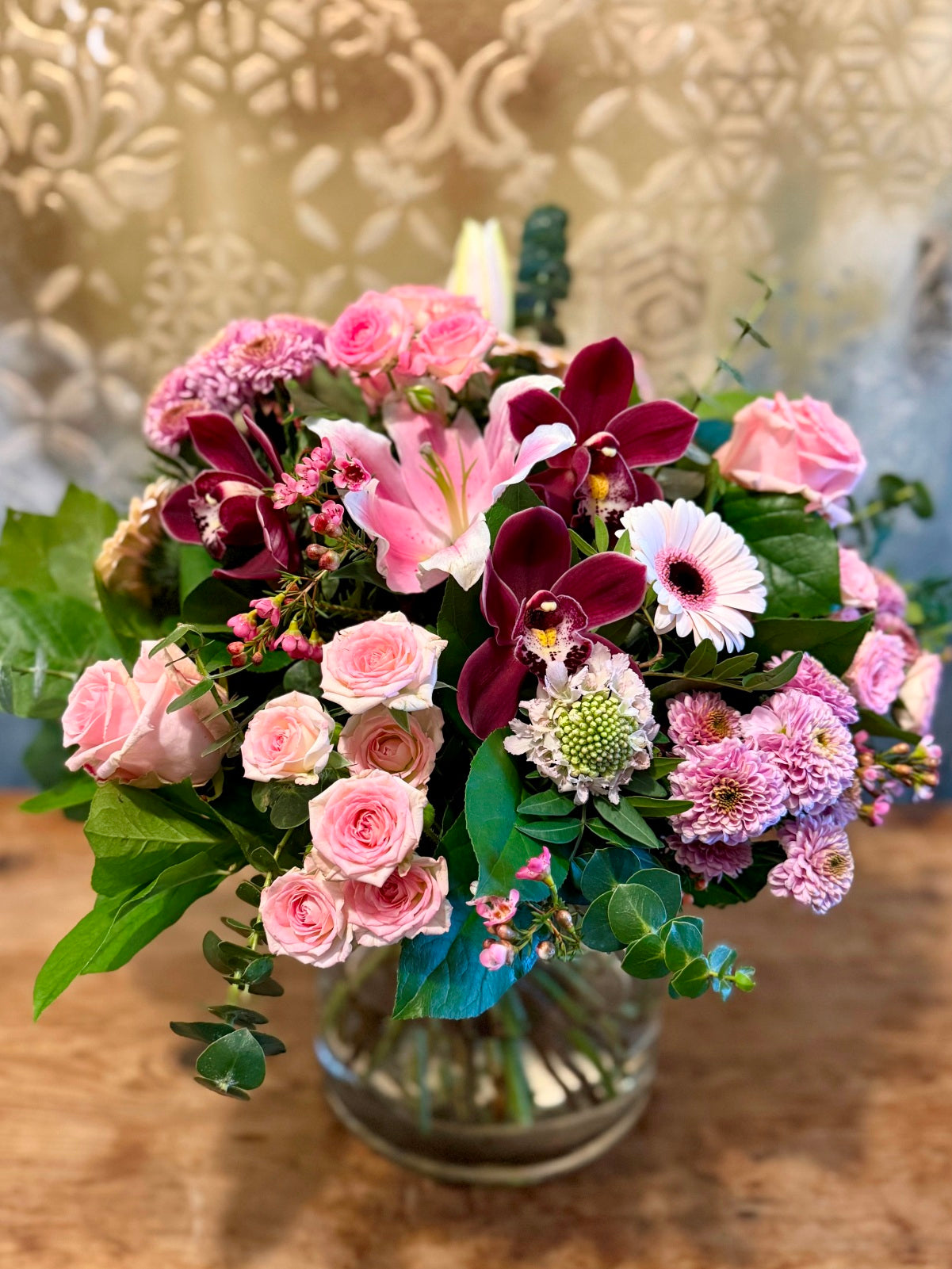 Mother's Day Flower Arrangement in Shades of Pink in Goldfish Bowl Vase