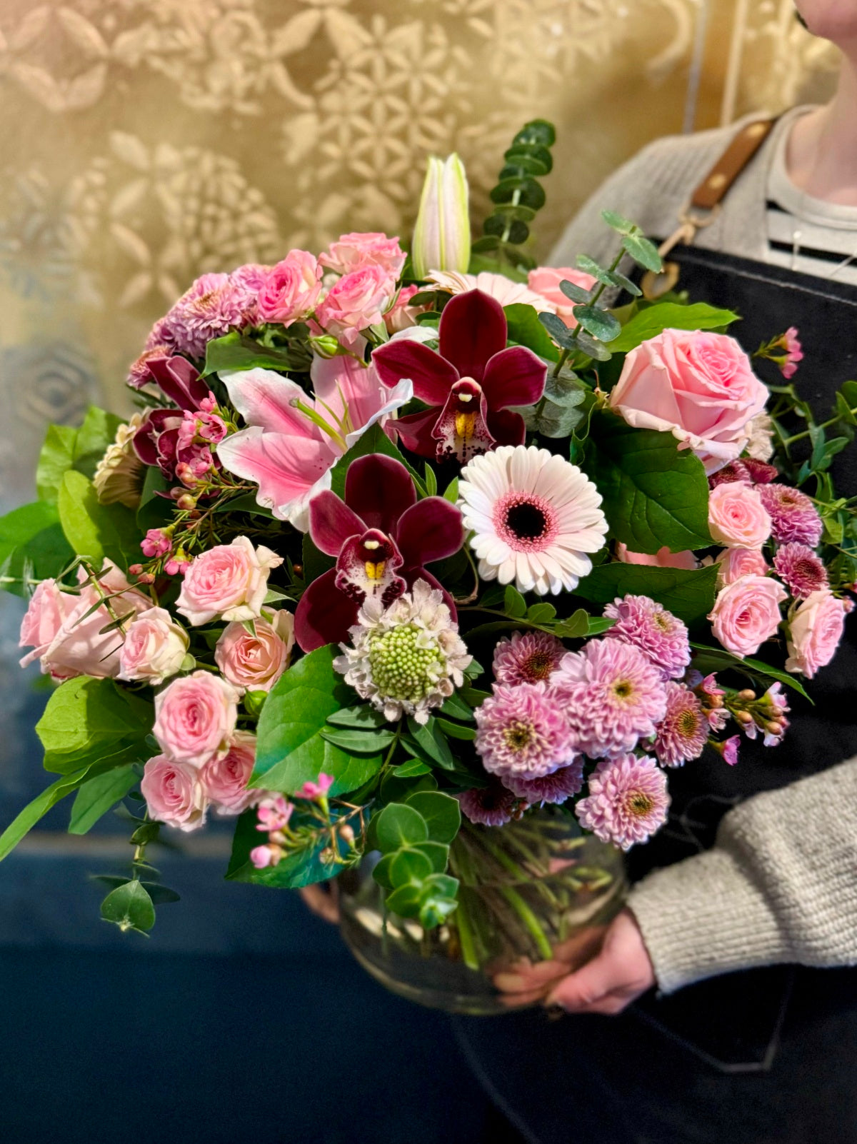 Mother's Day Flower Arrangement in Shades of Pink in Goldfish Bowl Vase